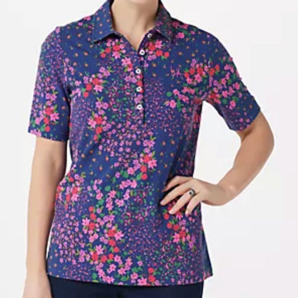 NWT Isaac Mizrahi Live Floral Polo Top Preppy Casual Shirt - Picture 4 of 6
